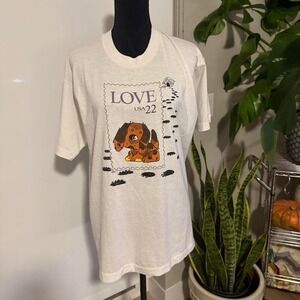 80s vintage white and purple dog stamp tee – Size XL